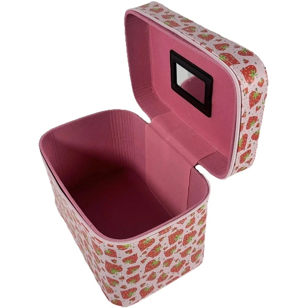 Pink Strawberry Makeup Train Case Cosmetic Bag Glitter Vanity Storage Case Y2K